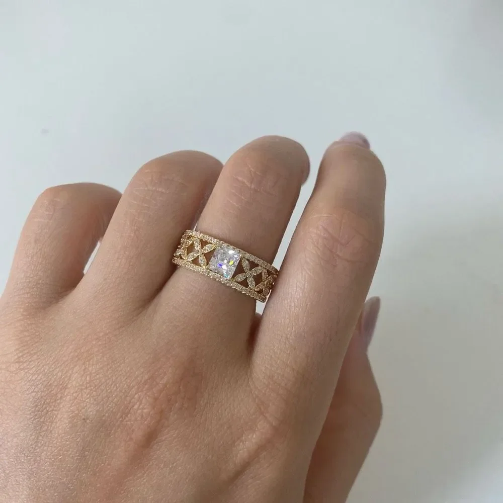 18K Gold Plated Princess Cut Cross Pave Band Ring